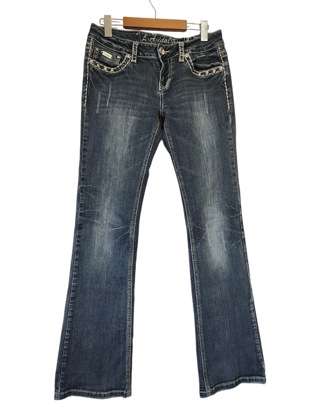 L.A. Idol Y2K Low Rise Bootcut Jeans Rhinestone McBling Rose Embroidery Sz 9/29